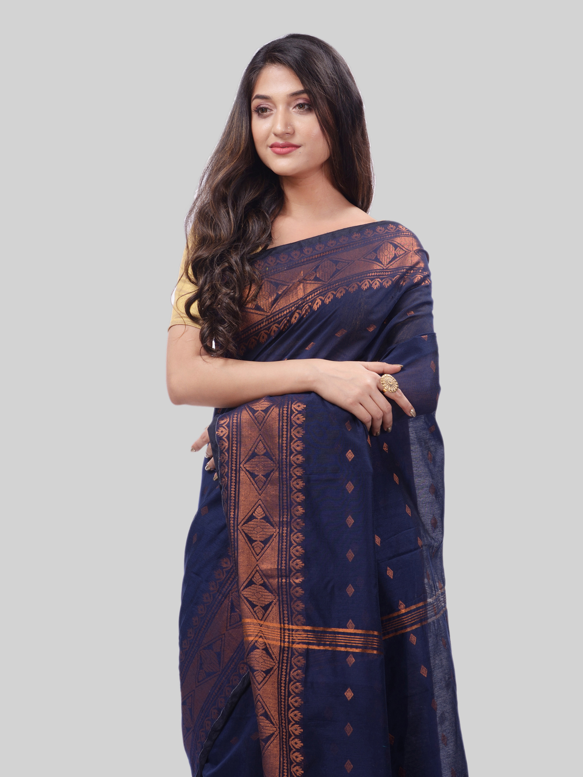 DESH BIDESH Women`s Bengal Cotton Silk Pure Handloom Cotton Saree Kohinoor Work With Blouse Piece(Dark Blue)